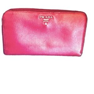 Prada 100% AUTHENTIC Prada Metallic Pink Saffiano Leather Large Long Wallet.